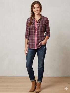 Faith Women's SZ Small Purple Plaid Beaded Rhinestone Tie Back Button Down Shirt